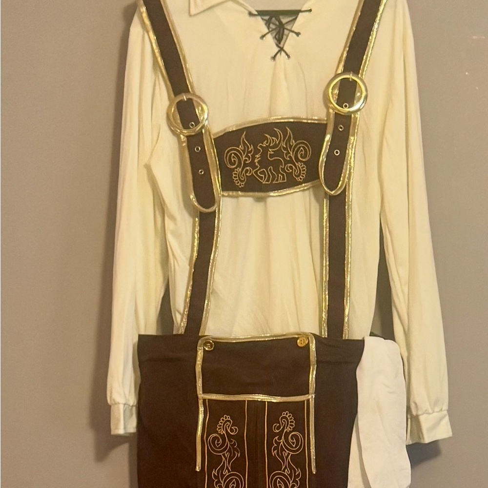 Traditional White and Brown Lederhosen Costume